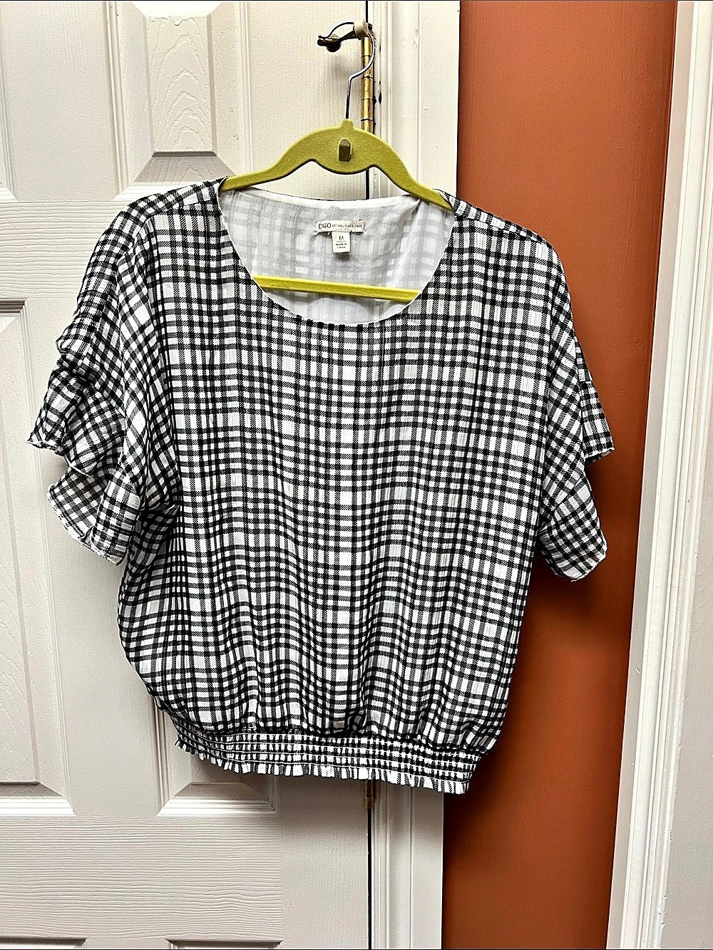 Cato Plaid Short Sleeve Blouse in Black & White Size Medium